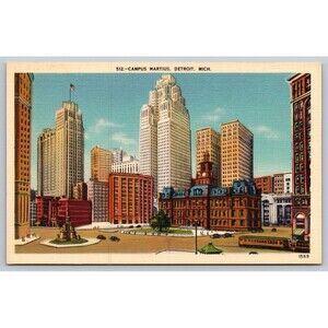 Postcard Michigan Detroit Campus Martius Statue Park Railcars People Cars Linen